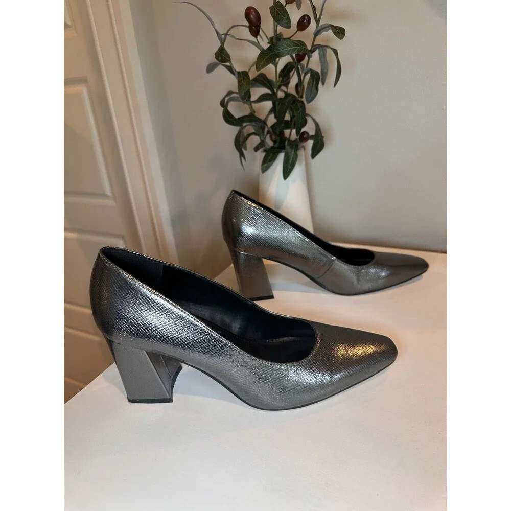 Marc Fisher Keri Silver Metallic Snake Print Block Heel Pumps Shoes Womens 6.5